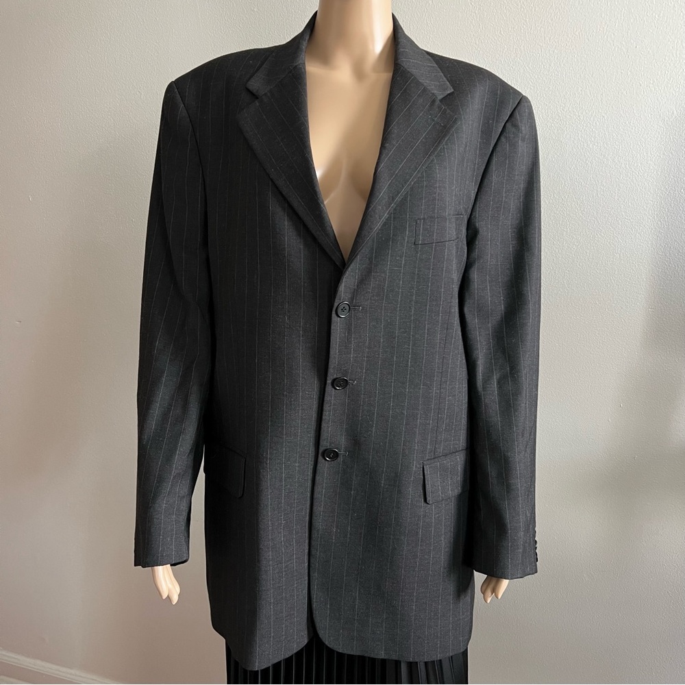 Vintage Valentino 100% Wool Jacket Blazer Dark Gray Pinstripes Size 52 42 Reg
